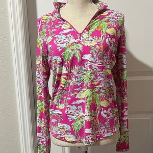 IBKUL Vibrant Pink and Green 1/4 Zip Long Sleeve Top